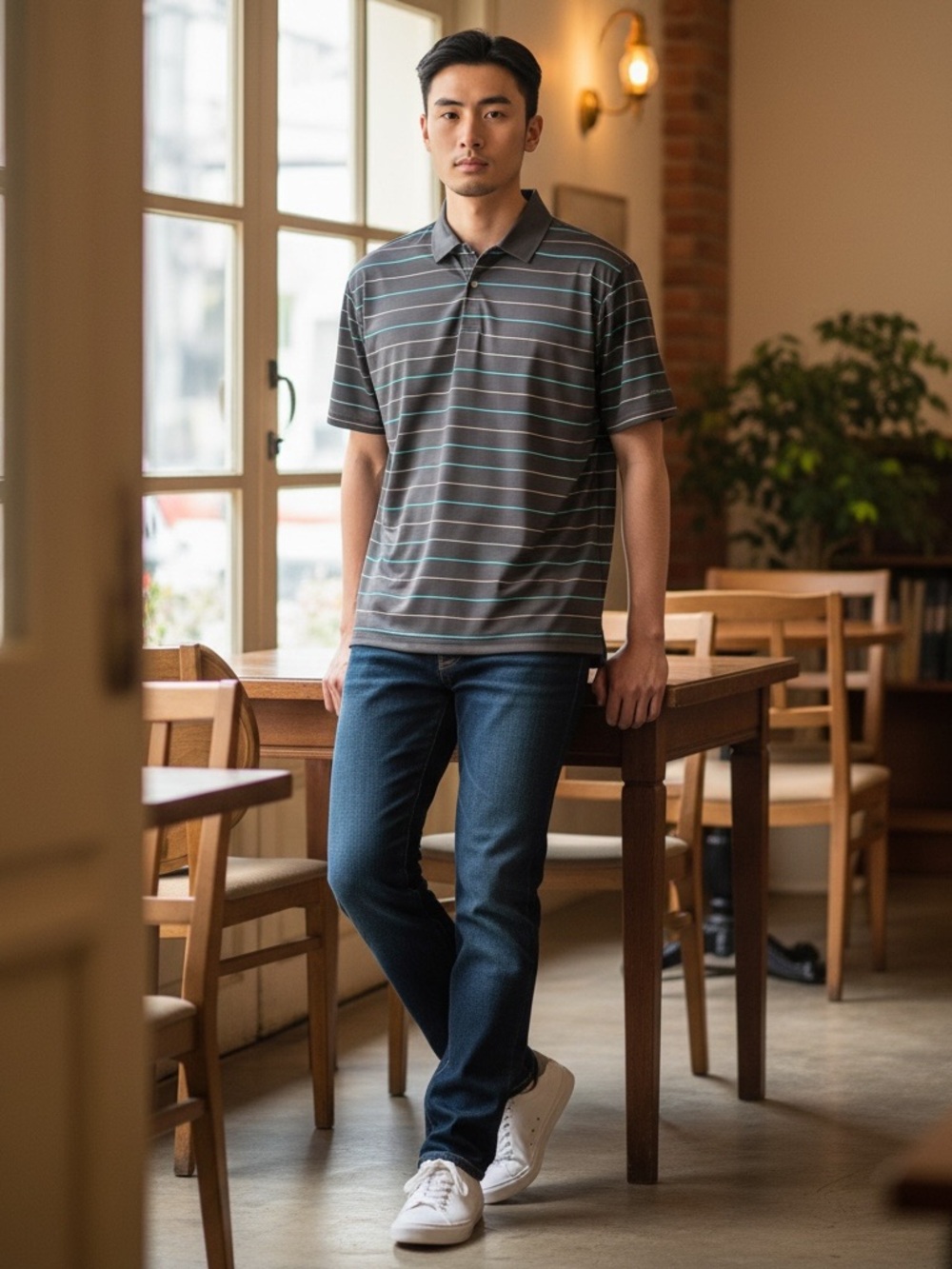 Ben Hogan Men's Black Polo Golf shirt with Thin Teal and Gray Stripes